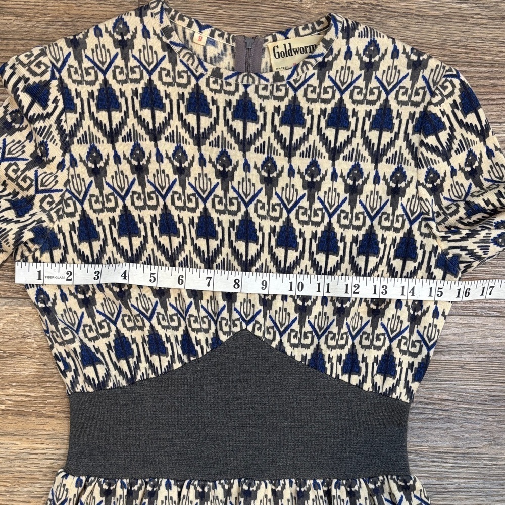 Vintage Goldworm Virgin Merino Wool Blue and Cream Patterned Dress Made In Italy - Picture 12 of 15